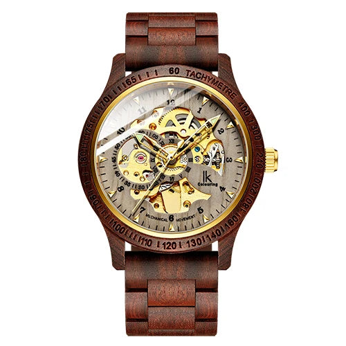 Relógio masculino clássico de madeira, automático e mecânico, com pulseira de madeira.