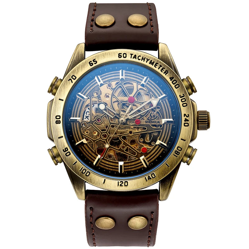 Relógio masculino clássico vintage automático mecânico esqueleto bronze