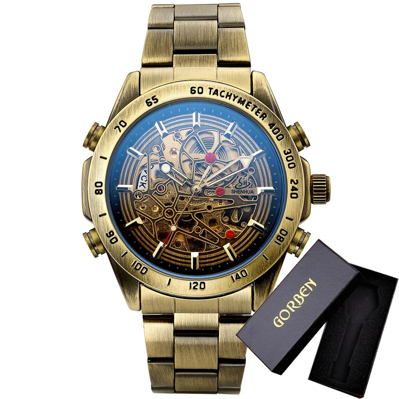 Relógio masculino clássico vintage automático mecânico esqueleto bronze