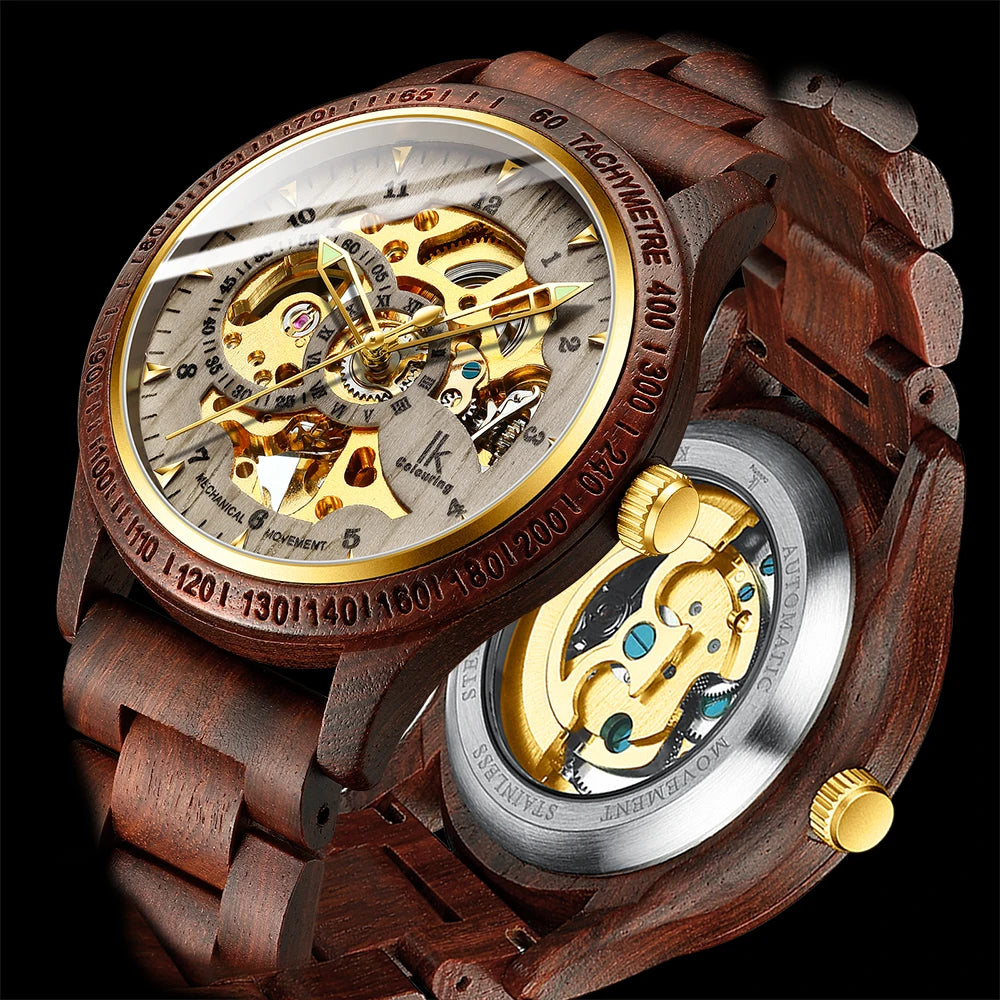 Relógio masculino clássico de madeira, automático e mecânico, com pulseira de madeira.