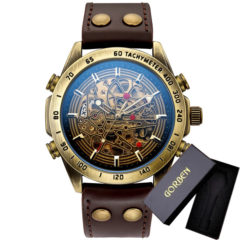 Relógio masculino clássico vintage automático mecânico esqueleto bronze