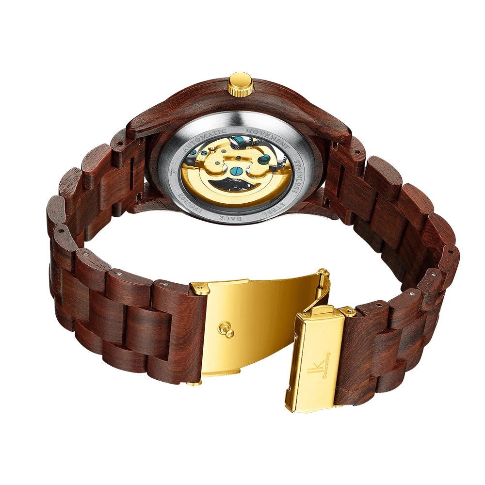 Relógio masculino clássico de madeira, automático e mecânico, com pulseira de madeira.