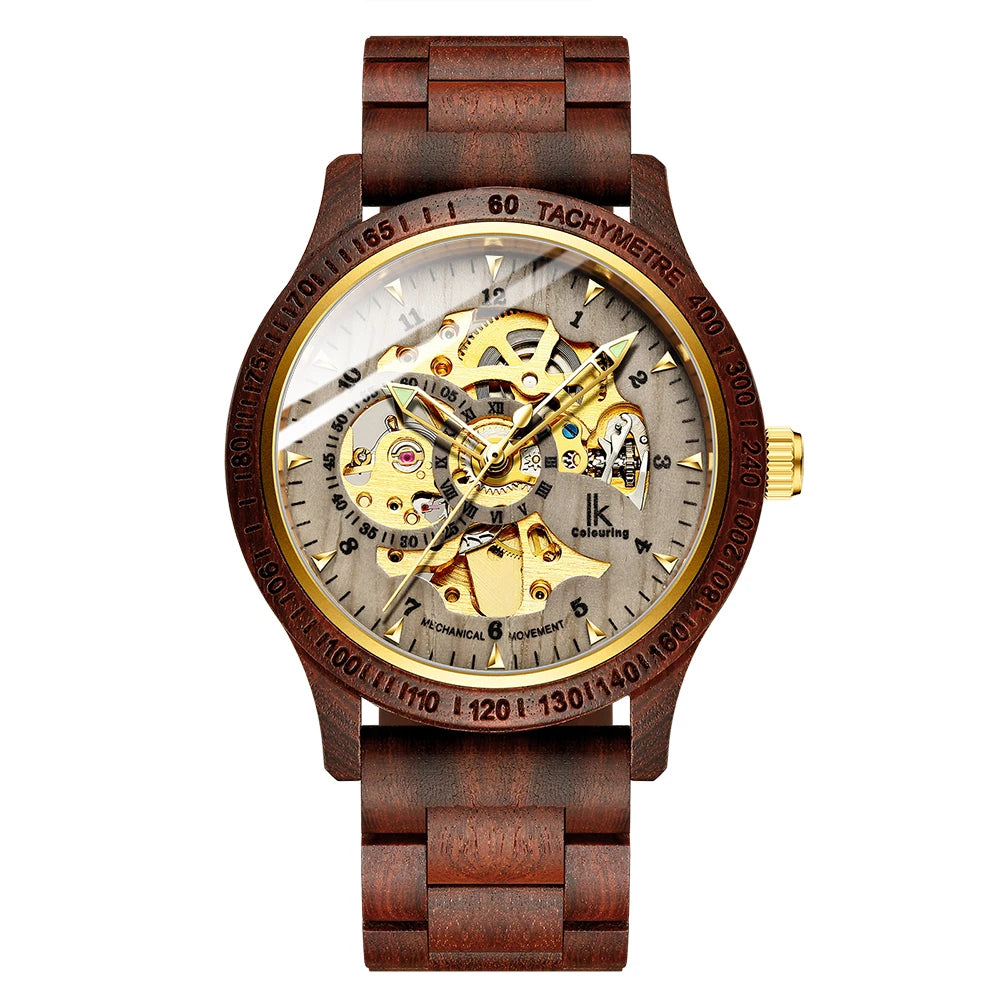 Relógio masculino clássico de madeira, automático e mecânico, com pulseira de madeira.