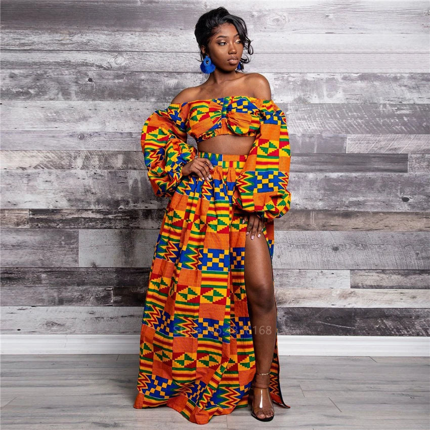 Vestido africano feminino para o outono, conjunto de duas peças, manga comprida