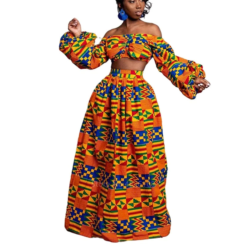 Vestido africano feminino para o outono, conjunto de duas peças, manga comprida