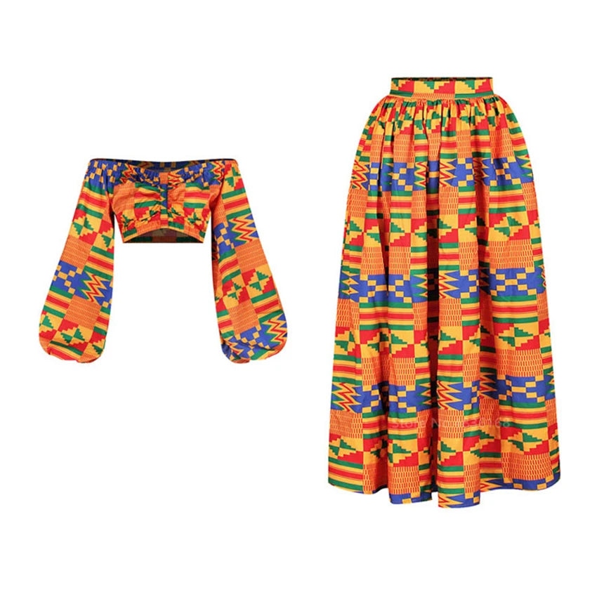 Vestido africano feminino para o outono, conjunto de duas peças, manga comprida
