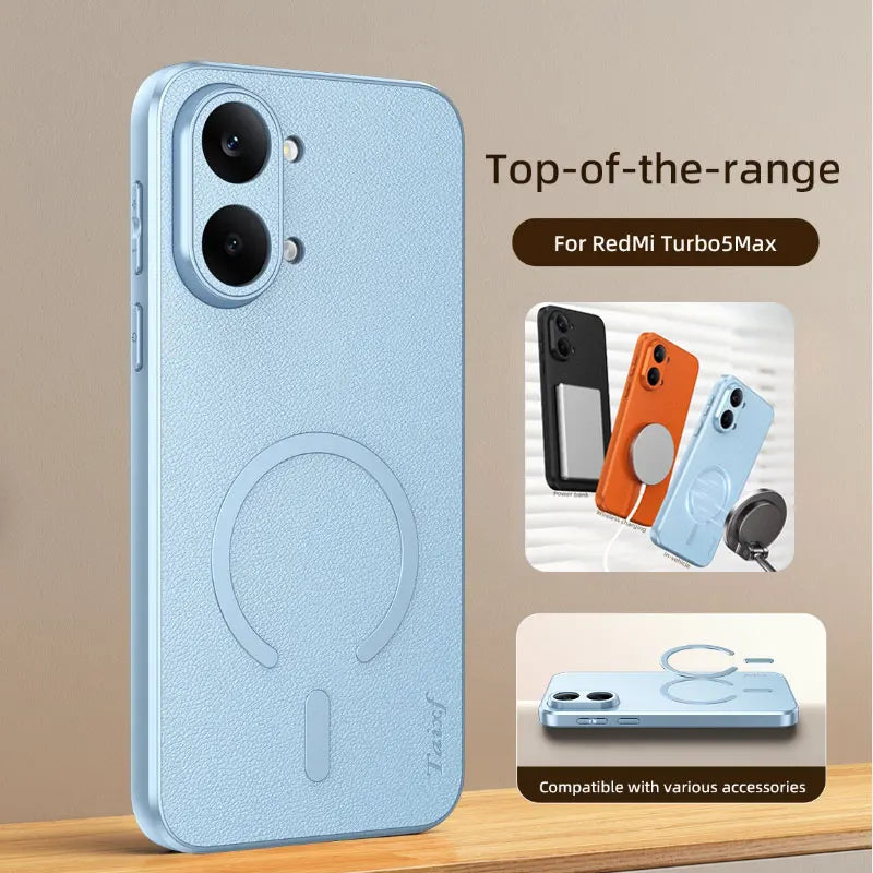 Capa para Redmi Turbo 5 Max em pele de cabra com carregamento sem fio magnético