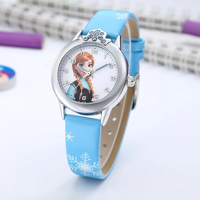 Novo relógio infantil Elsa para meninas, com pulseira de couro, lindo modelo infantil