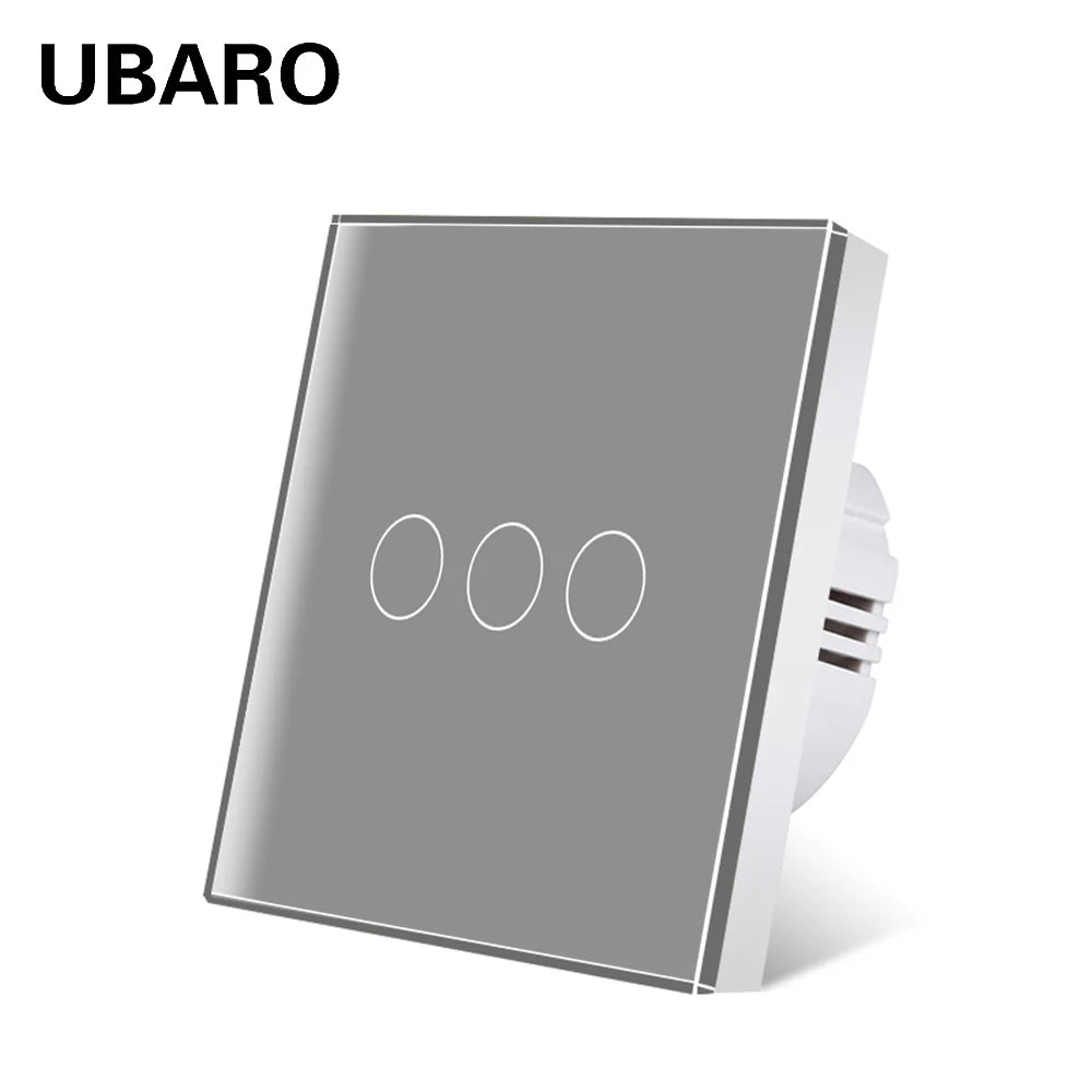 Interruptor de parede tátil UBARO padrão europeu de 3 vias, 220 V, com iluminação LED azul