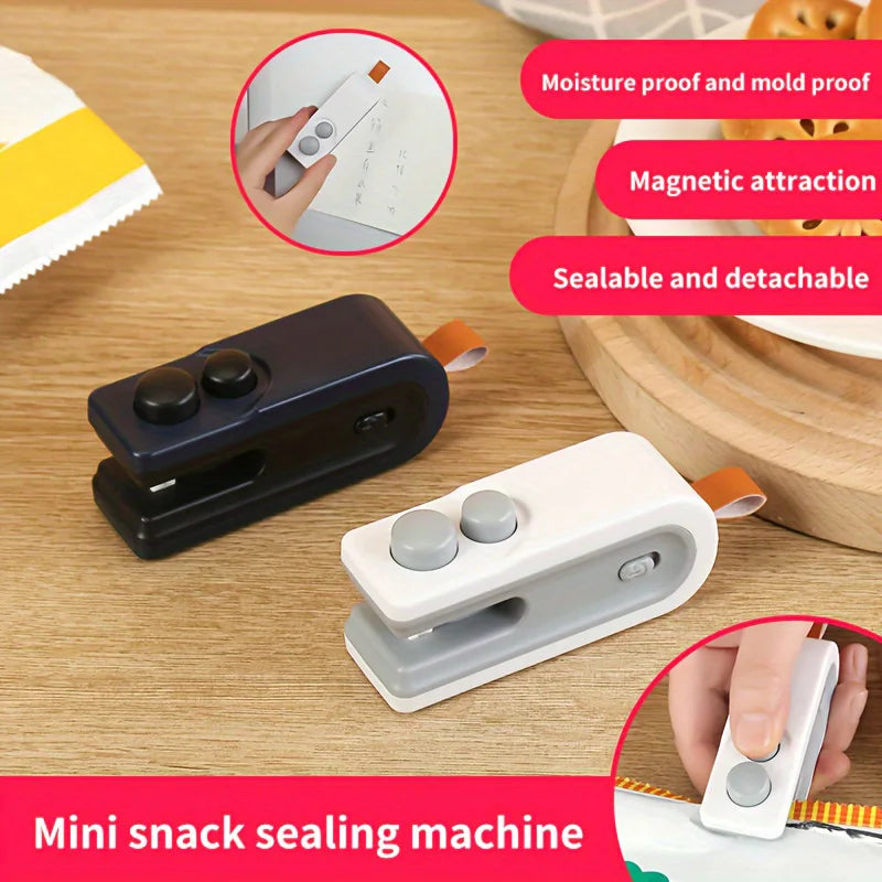 Seladora elétrica de sacos com aquecimento, carregamento USB e atração magnética.