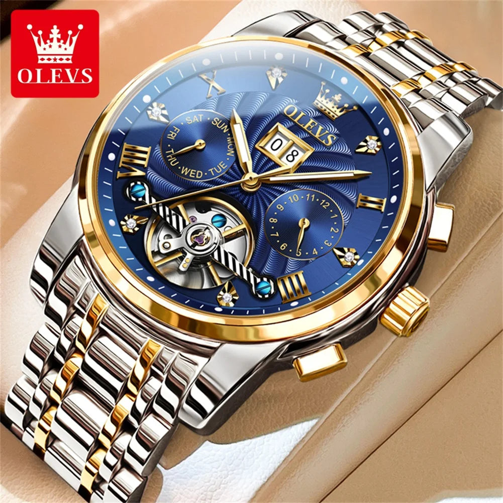 Relógio masculino clássico OLEVS Tourbillon multifuncional totalmente automático