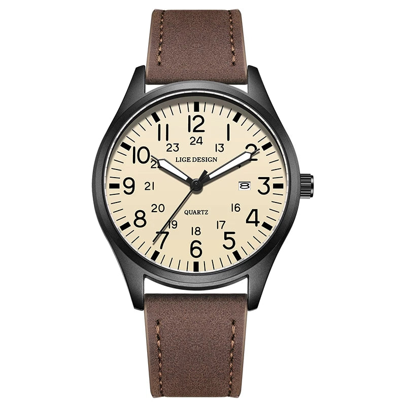 Relógio masculino LIGE, modelo simples e moderno, para uso casual ao ar livre e esportivo, com pulseira de couro.