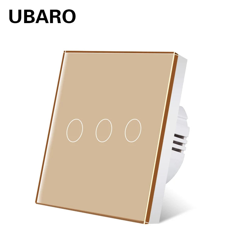 Interruptor de parede tátil UBARO padrão europeu de 3 vias, 220 V, com iluminação LED azul