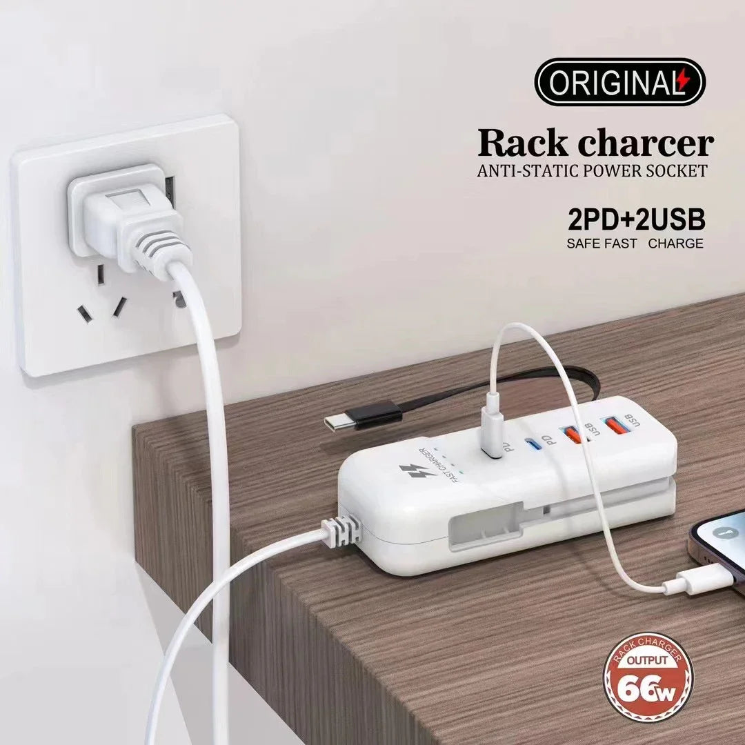 Carregador USB PD Tipo C com carregamento rápido e várias portas para tomada.