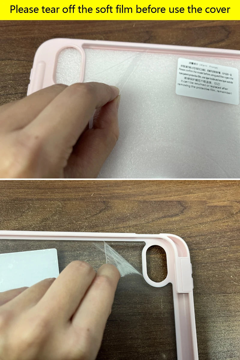 Capa para iPad de 10ª geração com suporte para caneta, dobrável em três partes e com parte traseira transparente em acrílico.