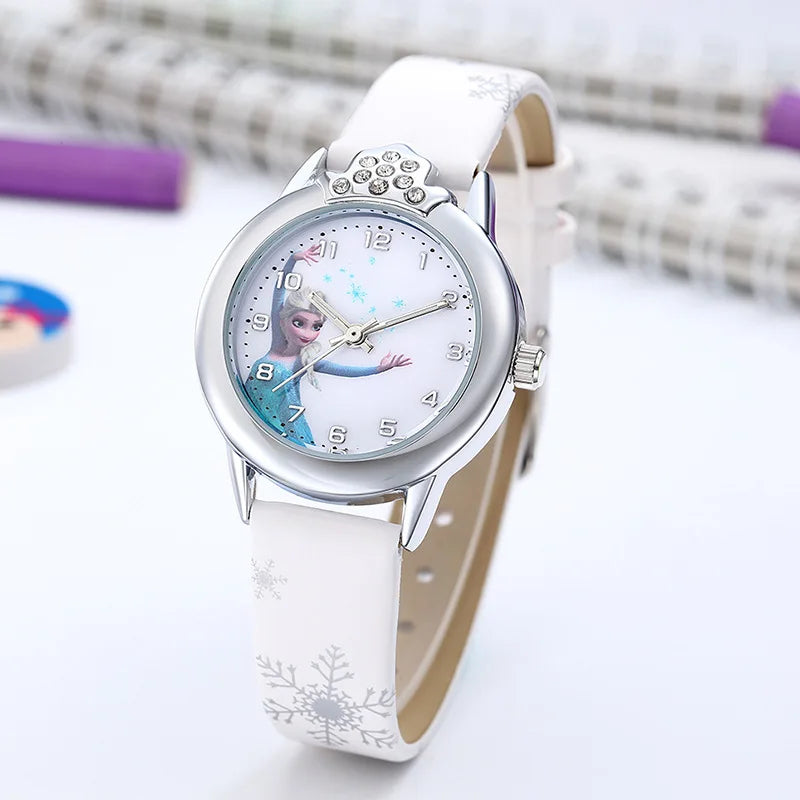 Novo relógio infantil Elsa para meninas, com pulseira de couro, lindo modelo infantil