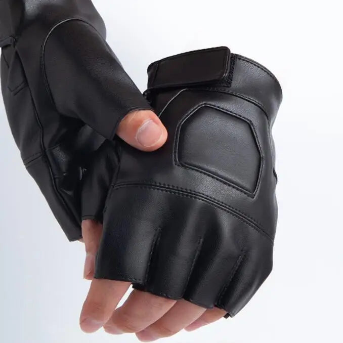 Luvas masculinas de couro sem dedos, estilo motoqueiro, cano alto.