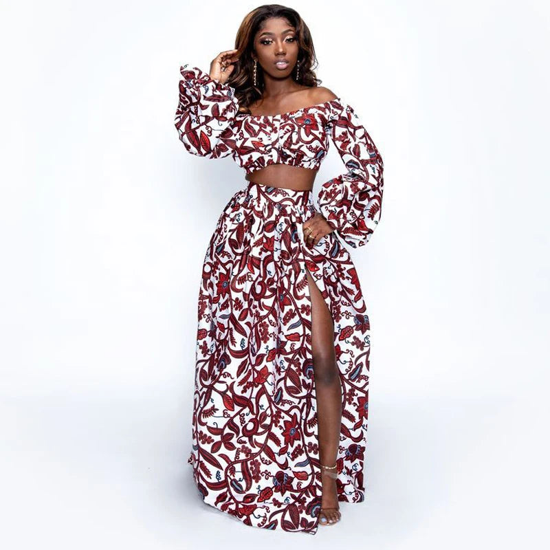 Vestido africano feminino para o outono, conjunto de duas peças, manga comprida