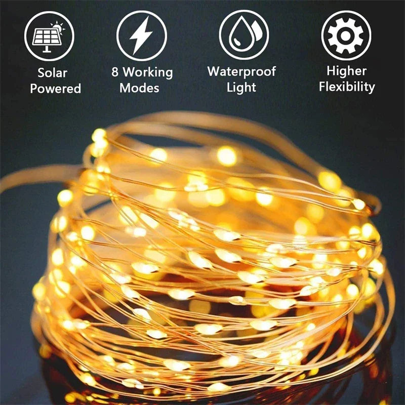 Cordão de luzes LED solares de 7M/12M/22M/32M para caminhos externos