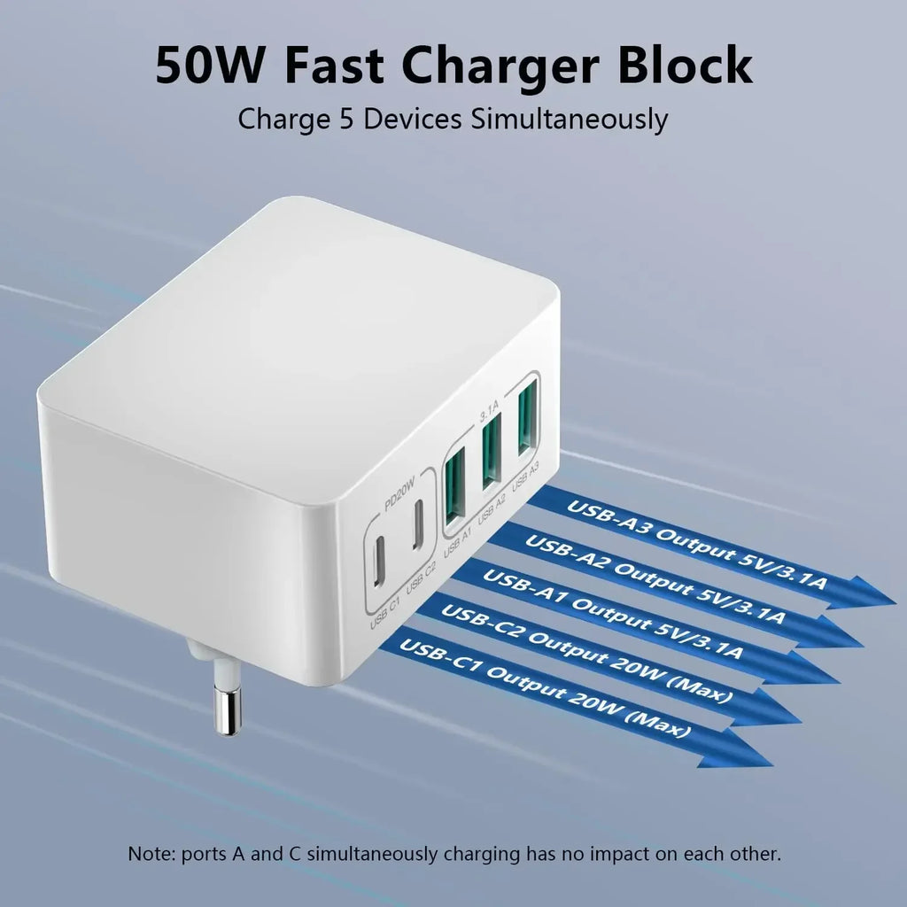 Cargador USB C Carregador Cargador Rapido 50W 5 Portas Bloque de Carga