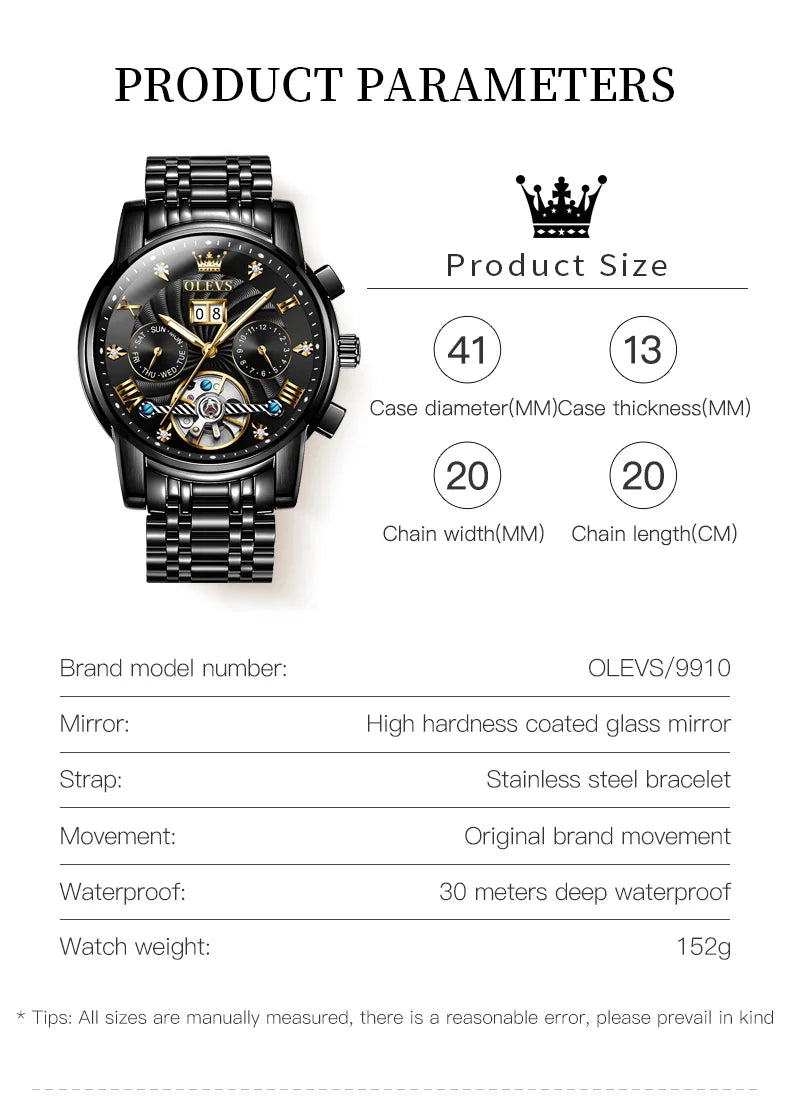 Relógio masculino clássico OLEVS Tourbillon multifuncional totalmente automático
