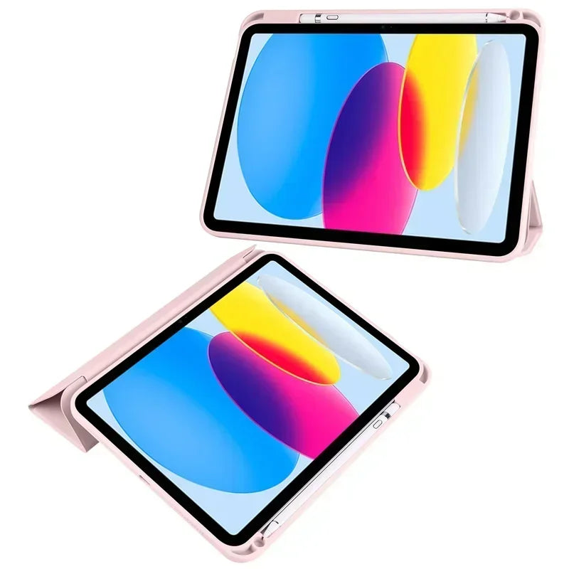 Capa para iPad de 10ª geração com suporte para caneta, dobrável em três partes e com parte traseira transparente em acrílico.