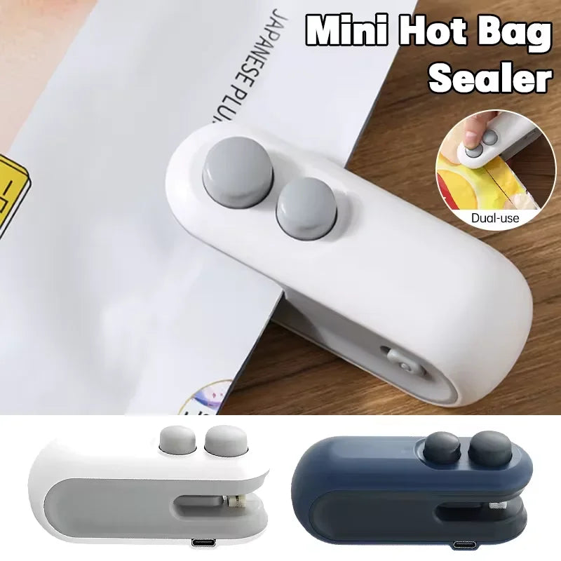 Seladora elétrica de sacos com aquecimento, carregamento USB e atração magnética.