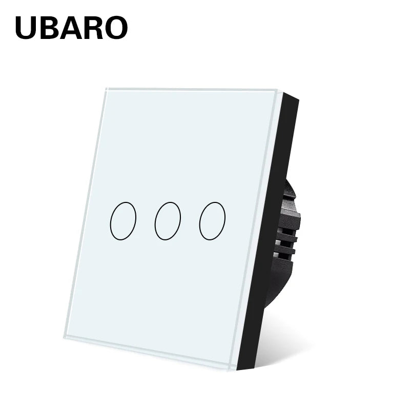 Interruptor de parede tátil UBARO padrão europeu de 3 vias, 220 V, com iluminação LED azul