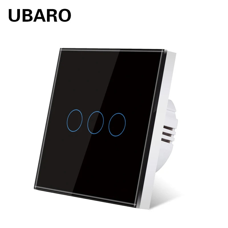 Interruptor de parede tátil UBARO padrão europeu de 3 vias, 220 V, com iluminação LED azul