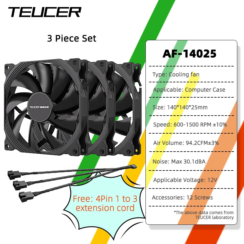 TEUCER AF-14025 PC Fan 140mm Case Fan 4Pin PWM 600-1500RPM High Performance Quiet Computer Fans