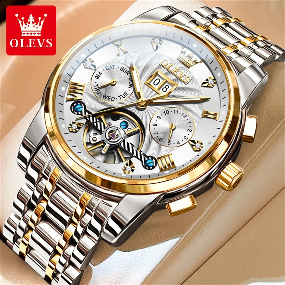 Relógio masculino clássico OLEVS Tourbillon multifuncional totalmente automático
