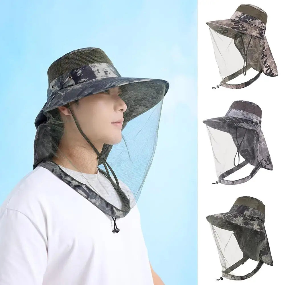 Chapéu de pesca com proteção solar UPF50+ e rede mosquiteira.