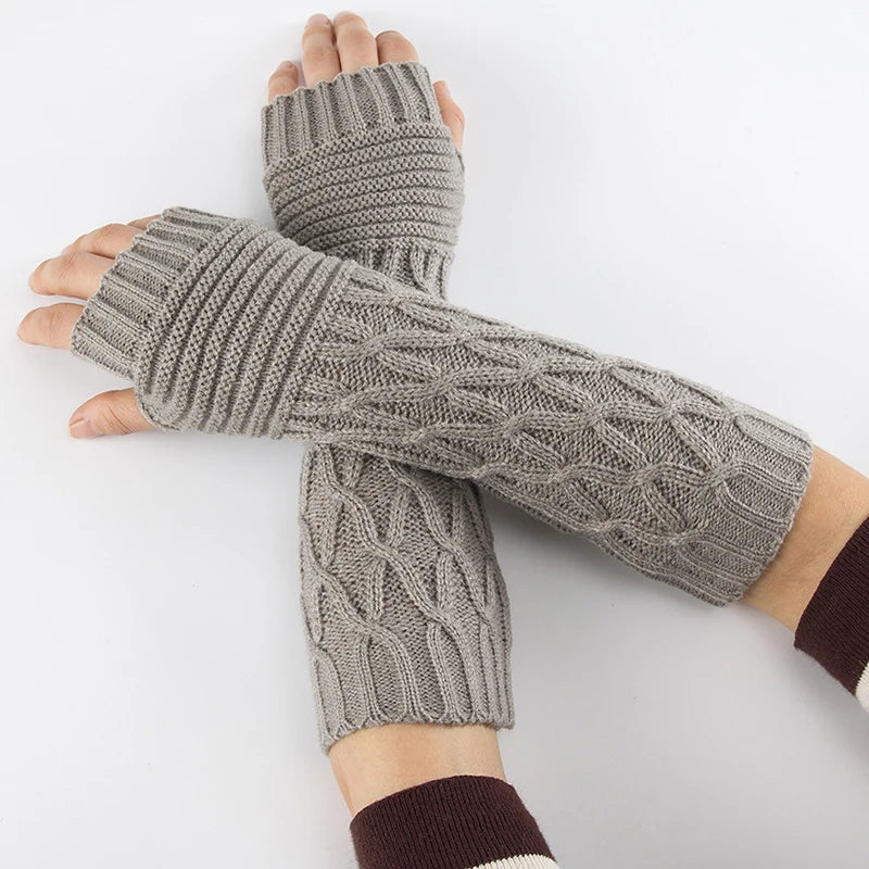 Luvas compridas de tricô femininas, quentes e bordadas, para o inverno