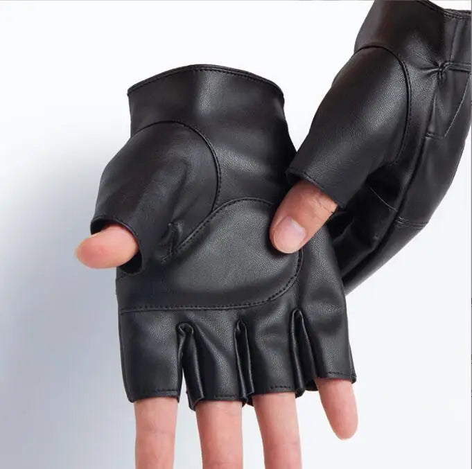Luvas masculinas de couro sem dedos, estilo motoqueiro, cano alto.