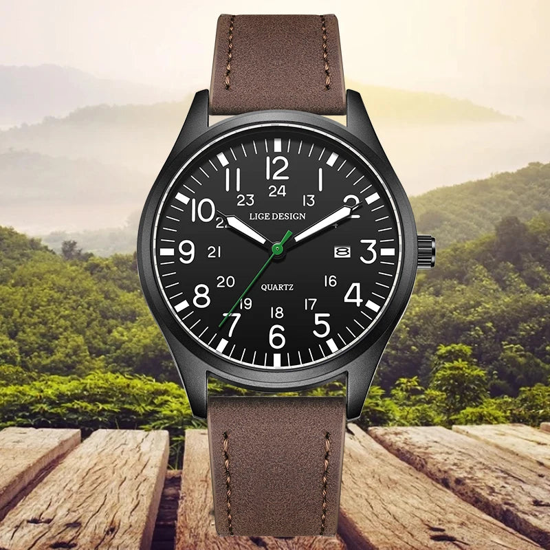 Relógio masculino LIGE, modelo simples e moderno, para uso casual ao ar livre e esportivo, com pulseira de couro.
