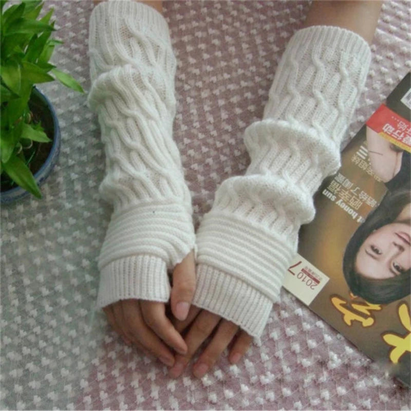 Luvas compridas de tricô femininas, quentes e bordadas, para o inverno