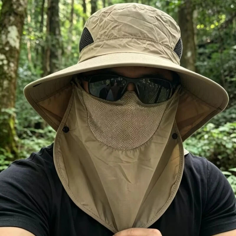 Chapéu de Sol Masculino com Proteção Solar UPF50+ e Cobertura Removível para Rosto e Pescoço para Pesca ao Ar Livre