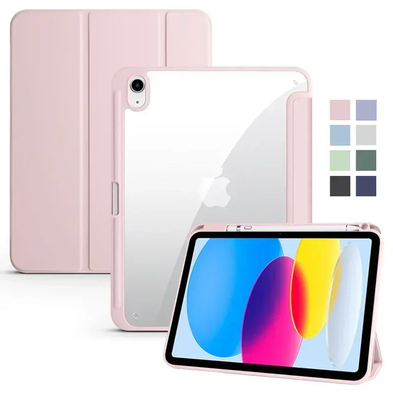 Capa para iPad de 10ª geração com suporte para caneta, dobrável em três partes e com parte traseira transparente em acrílico.