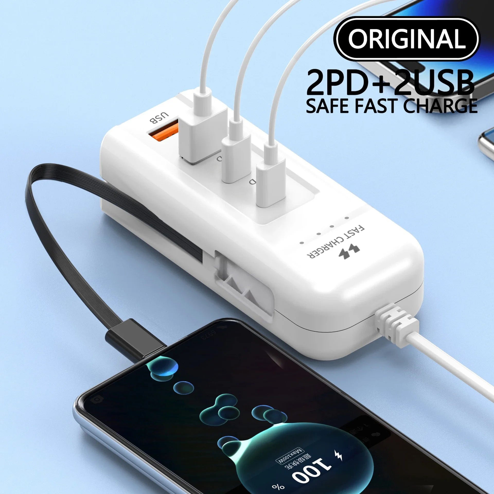 Carregador USB PD Tipo C com carregamento rápido e várias portas para tomada.