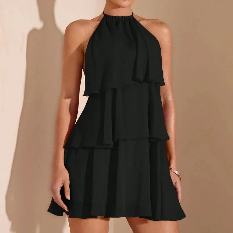 Ropa Para Mujer Women Backless Halter Ruffle Layered Chiffon Mini Dress Wedding Guest Party Vestidos Y2k Clothes Платье