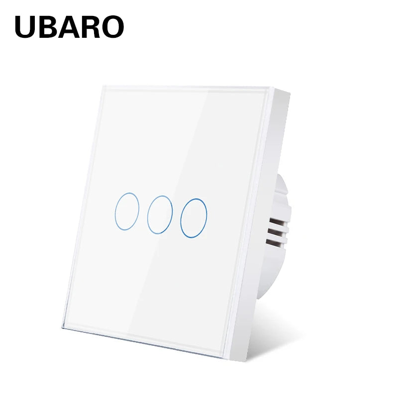 Interruptor de parede tátil UBARO padrão europeu de 3 vias, 220 V, com iluminação LED azul