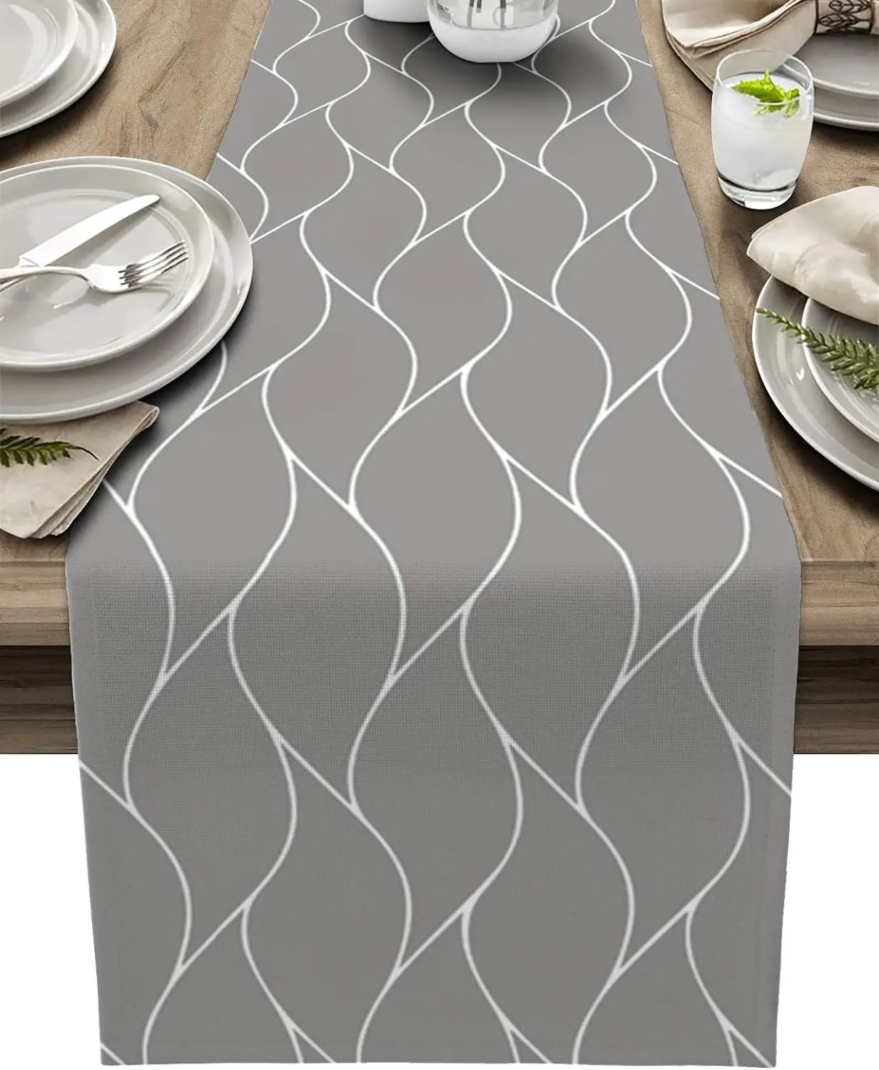 Caminhos de mesa em linho bege, lenço de cômoda moderno com estampa abstrata de ondas e listras