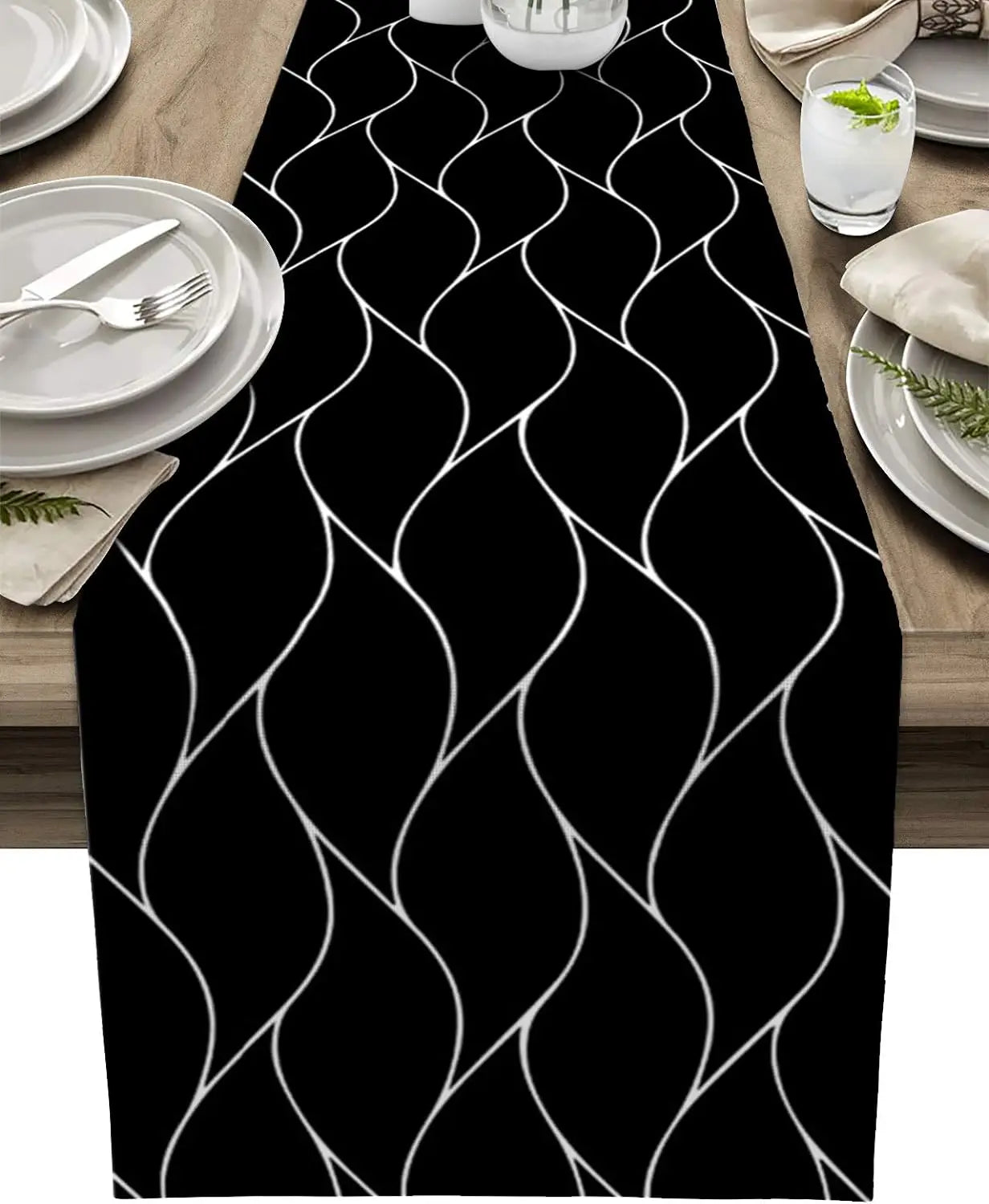 Caminhos de mesa em linho bege, lenço de cômoda moderno com estampa abstrata de ondas e listras