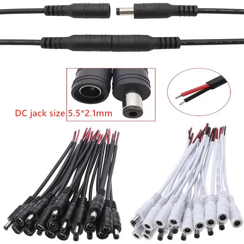 1/5/10 peças Cabo de alimentação DC macho-fêmea Adaptador de conector 5,5x2,1mm