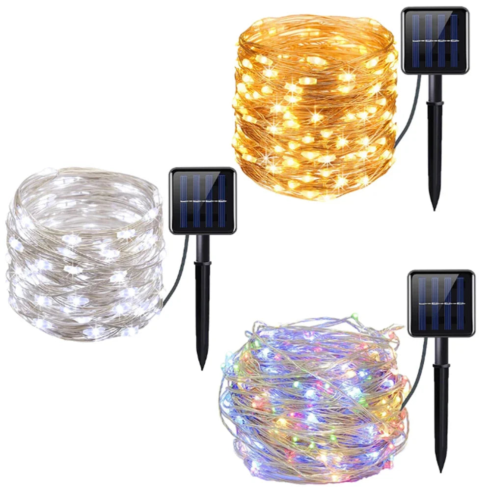 Cordão de luzes LED solares de 7M/12M/22M/32M para caminhos externos