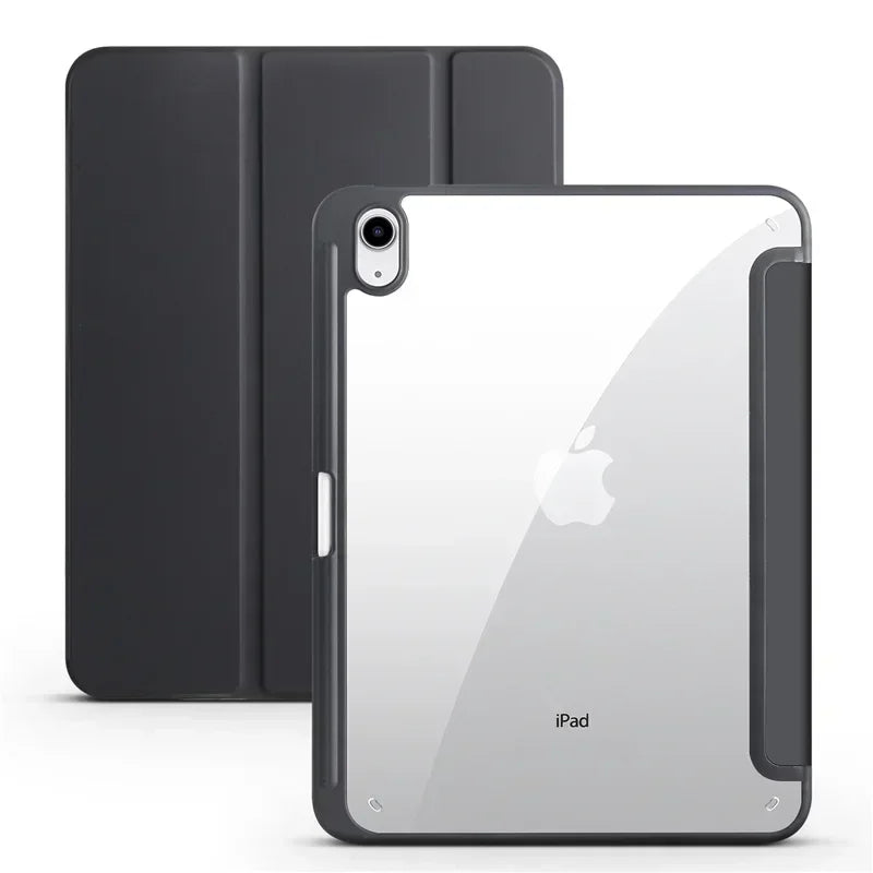Capa para iPad de 10ª geração com suporte para caneta, dobrável em três partes e com parte traseira transparente em acrílico.