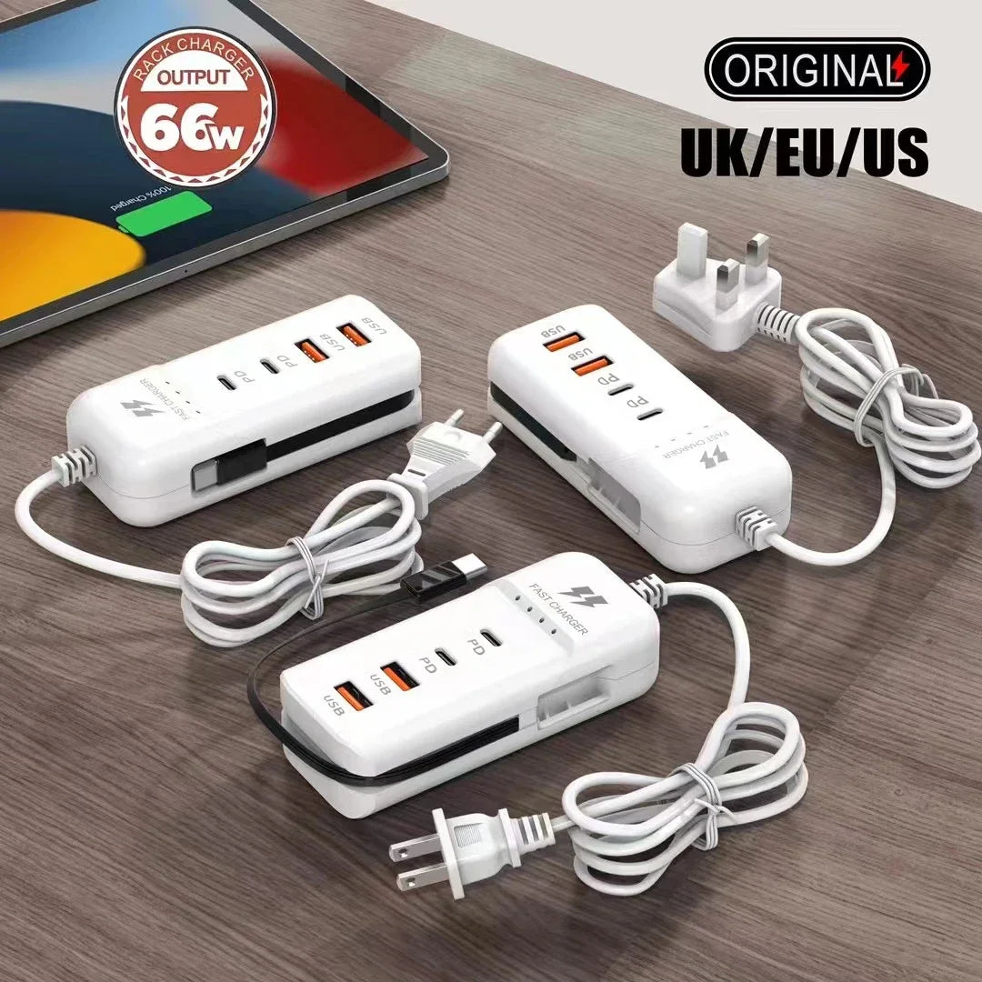Carregador USB PD Tipo C com carregamento rápido e várias portas para tomada.