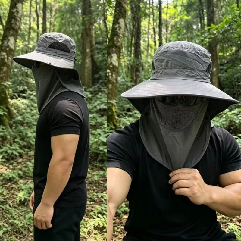 Chapéu de Sol Masculino com Proteção Solar UPF50+ e Cobertura Removível para Rosto e Pescoço para Pesca ao Ar Livre