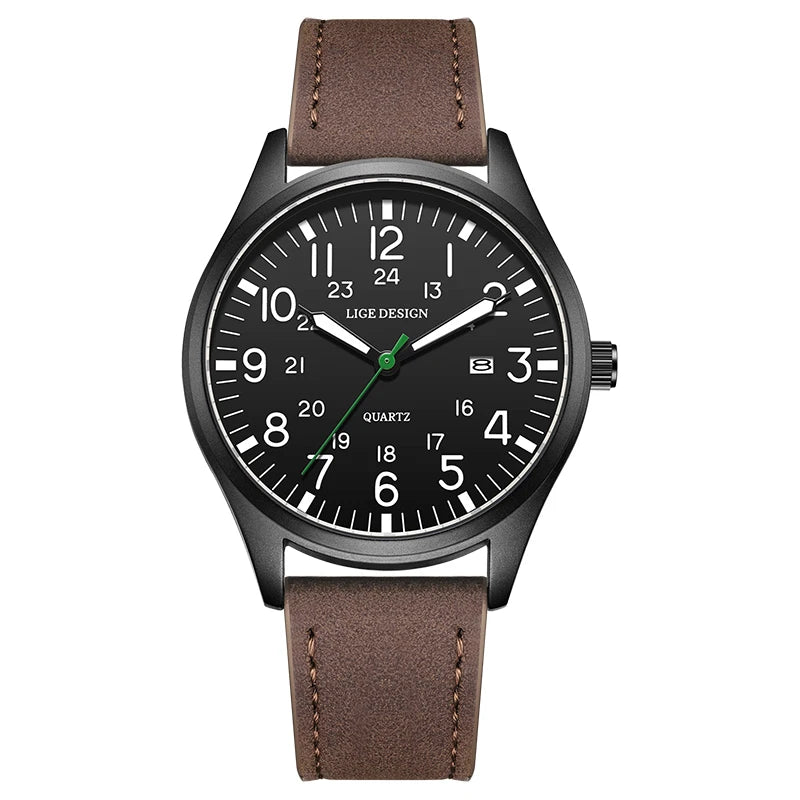 Relógio masculino LIGE, modelo simples e moderno, para uso casual ao ar livre e esportivo, com pulseira de couro.