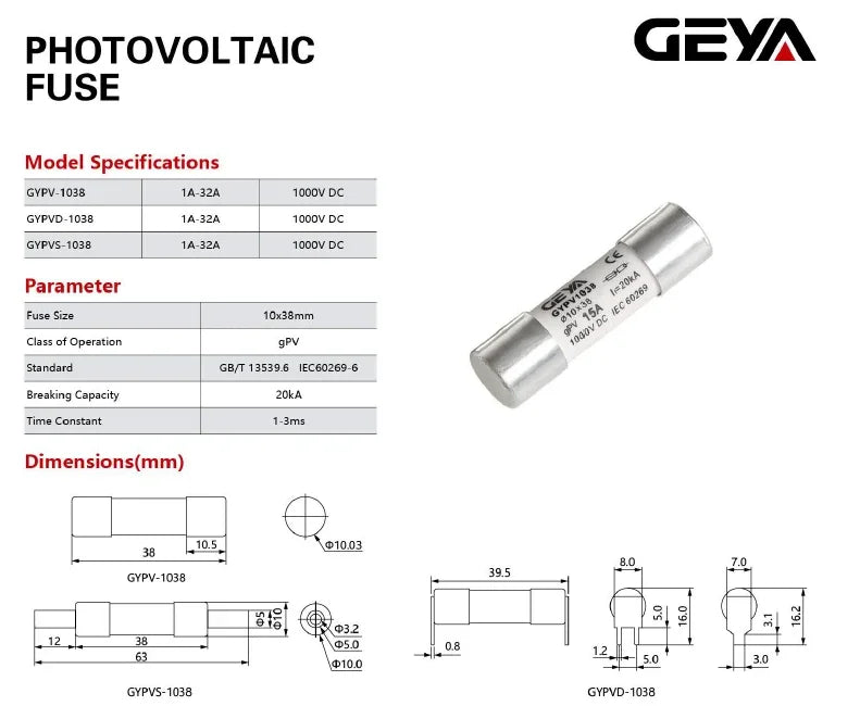 GEYA GYPV-32 2P Paralelo Porta-fusível CC 10*38mm Alta Tensão Solar PV 1